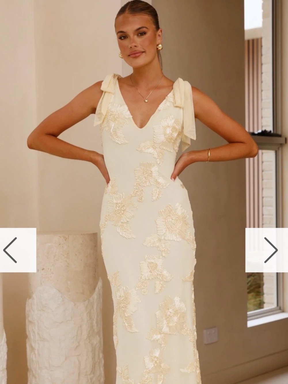 Bow-Shoulder Cream Maxi Dress with Floral Appliqué